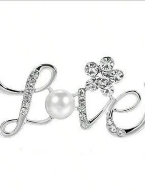 NWT-Love Script Pearl & Crystal Accent Brooch - Silver